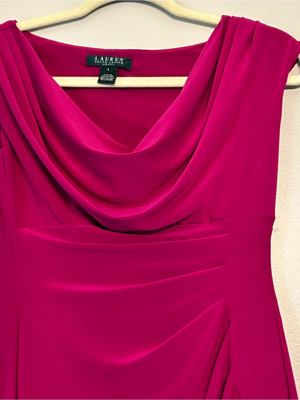 Ralph Lauren Fuchsia Cowl Neck Bodycon Dress Size 2 Ruched Midi Wedding Guest